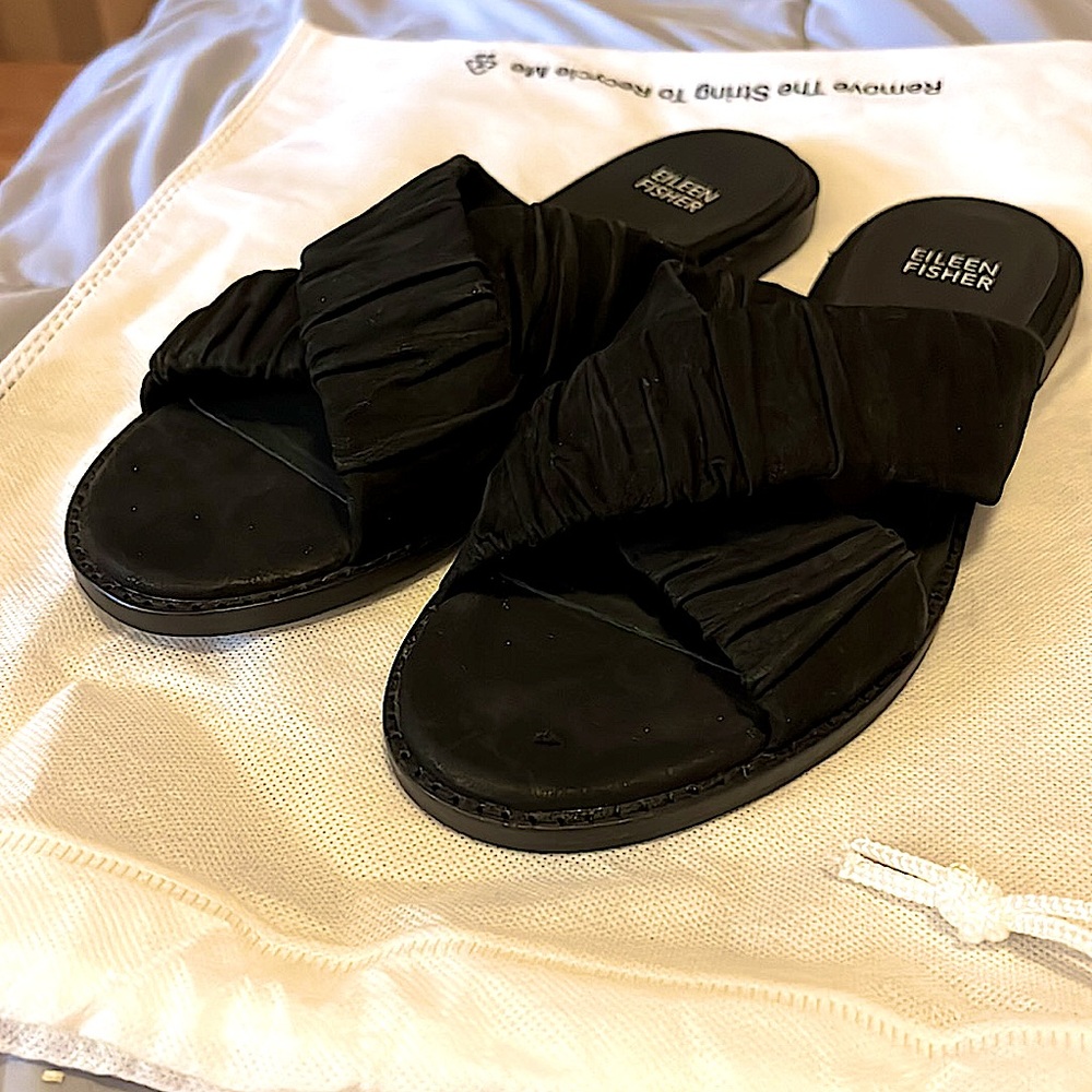 Eileen Fisher black leather cross strap sandals